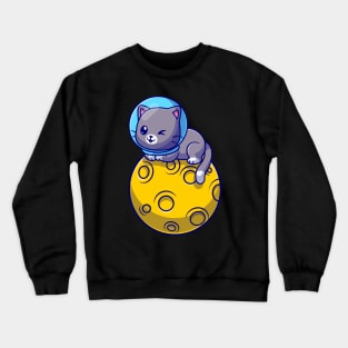 Cute Astronaut Cat Sitting On Moon Cartoon Crewneck Sweatshirt